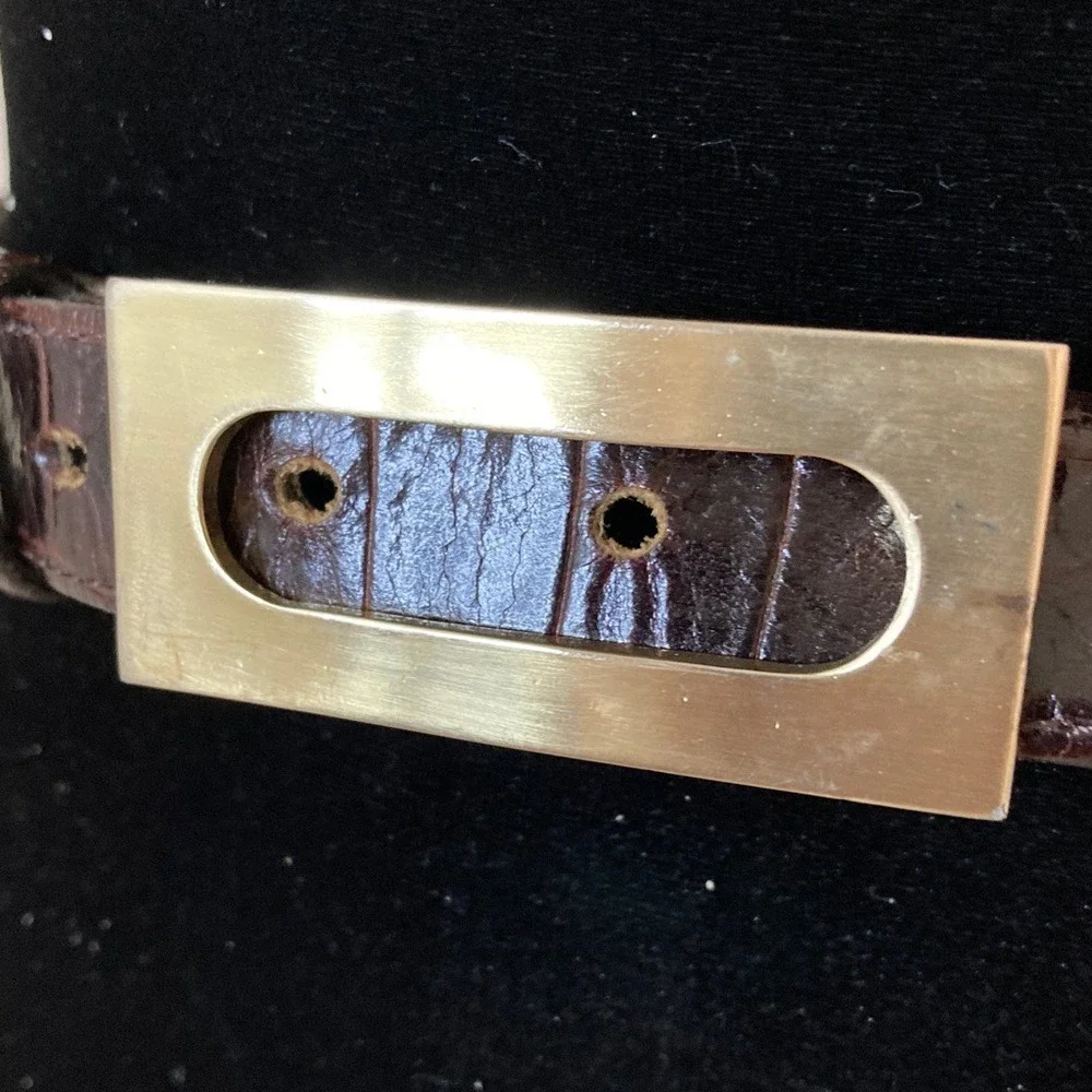 VTG Nava Leather Womens Classic Brown‎ Leather Croc Embossed Belt Size M Gold
